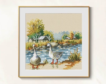 Geese Cross Stitch rustic pattern pdf - Cottagecore cross stitch rural art embroidery needlepoint village scene cross stitch goose in farm