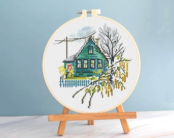 Retro cross stitch cottage pattern pdf - grandmas house embroidery countryside cross stitch rustic cross stitch village house blackwork dmc