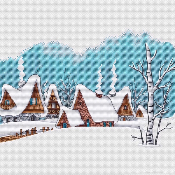 Winter Village Cross Stitch house pattern pdf - Cozy Winter cross stitch village broderie pdf paysage rustique point de croix maisons d'hiver