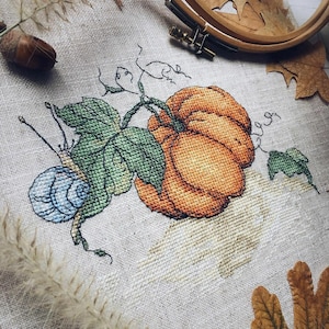 Pumpkin cross stitch snail pattern pdf - Garden cross stitch squash embroidery snail pumpkin cross stitch pumpkin still life embroidery dmc