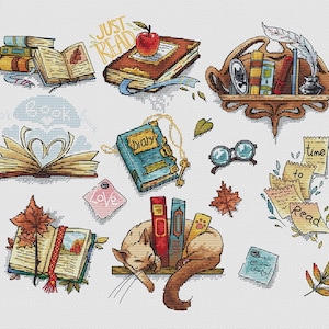 May include: An illustration featuring books, a diary, and reading-related items. The image includes a stack of books, an open book forming a heart, and a cat resting near books. The phrases "Just Read" and "Time to Read" are also present.