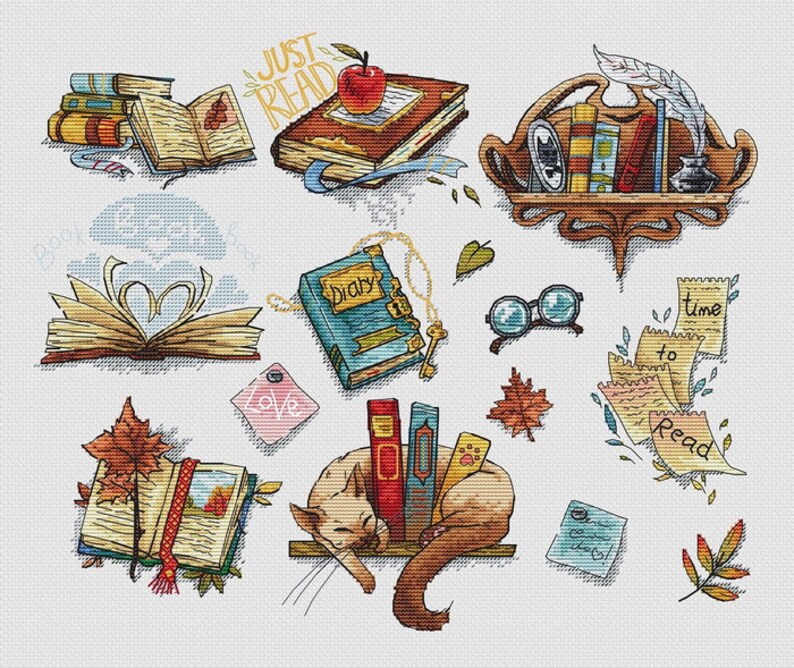 May include: An illustration featuring books, a diary, and reading-related items. The image includes a stack of books, an open book forming a heart, and a cat resting near books. The phrases "Just Read" and "Time to Read" are also present.