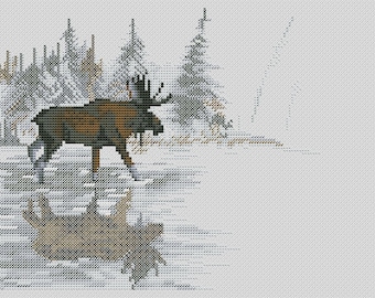 Elk Cross Stitch Blackwork pattern pdf - Noir Cross Stitch blackwork embroidery woodland moose minimalist needlepoint woods landscape chart