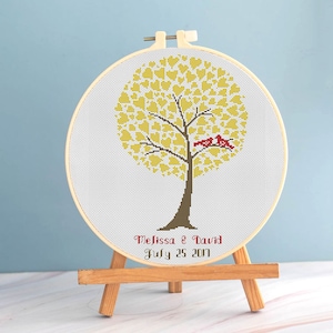 Wedding Tree cross stitch love sampler - Wedding Sampler cross stitch love tree  custom mr & mrs wedding embroidery, love tree cross stitch
