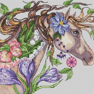 Spring Horse cross stitch blackwork pattern pdf - Rustic cross stitch horse embroidery spring cross stitch young horse needlepoint dmc chart