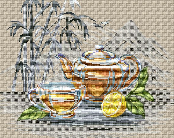Tea Ceremony Cross Stitch Asian Pattern PDF Green Tea Embroidery