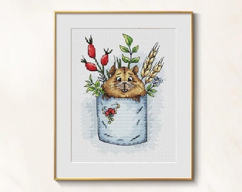 Hamster Cross Stitch Pocket Pattern pdf - Fluffy Hamster embroidery easy cross stitch funny hamster needlepoint beginner mini blackwork pdf