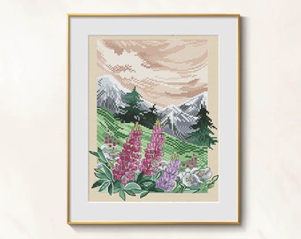 Hiking Cross Stitch Traveler Pattern pdf - Camping Embroidery Mountain Cross Stitch Lupin flower cross stitch camper dream hill landscape