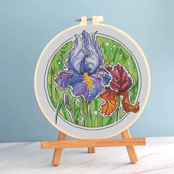 Iris cross stitch round pattern pdf - Purple flowers cross stitch irises embroidery botanical needlepoint iris flowers garden blackwork dmc