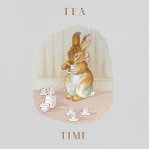 May include: Cross-stitch design of a brown and white rabbit enjoying tea. The rabbit wears a pink bow and sits at a table with a teapot, teacups, and saucers. The word "TEA" is above the rabbit, and "TIME" is below.