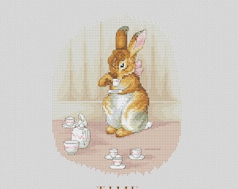 Rabbit Cross Stitch Tea time  pattern PDF - English breakfast Embroidery Beatrice Potter Needlepoint Nursery Cross Stitch Chart Printable