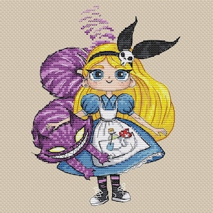 Alice in Wonderland cross stitch anime pattern pdf Fairy tale naive cross stitch alice embroidery alice adventures needlepoint blackwork dmc
