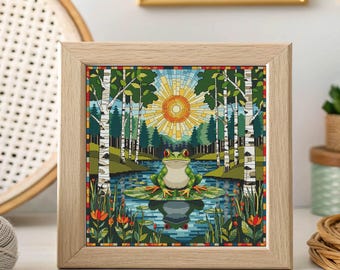 Patrón de punto de cruz del equinoccio de la rana, gráfico del sapo hada del solsticio, bordado con motivo solar de cuento popular, PDF DMC de naturaleza mística