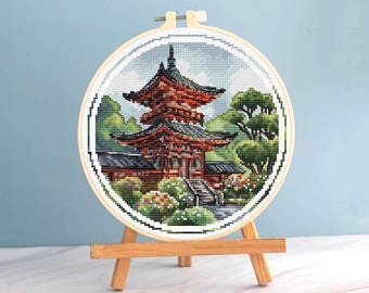 Summer cross stitch Japanese art pattern pdf Budha pagoda embroidery Asian nature cross stitch pagoda tower easy cross stitch temple pattern