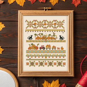 Autumn sampler cross stitch blackwork pattern pdf Victorian cross stitch garden sampler embroidery harvest cross stitch pumpkin needlepoint