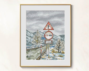 Route 66 cross stitch travel pattern - Car journey embroidery countryside cross stitch car travel blackwork old town cross stitch road pdf