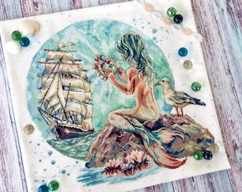 Patrón de punto de cruz de sirena marina en PDF - Bordado de sirena, barco de hadas, punto de aguja, Copenhague, bordado de barco de mar, niña sirena