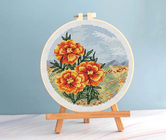 Marigold cross stitch botanic pattern pdf - Round cross stitch marigold flowers embroidery garden plant needlepoint autumn flowers blackwork