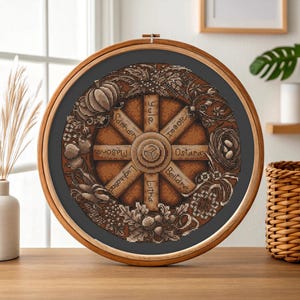 Op de afbeelding: Een ronde borduurring met een kruissteekontwerp met een wiel met de namen van de sabbats. Het ontwerp bevat een pompoen, druiven, een vogelnest en andere botanische elementen. De ring is van hout.