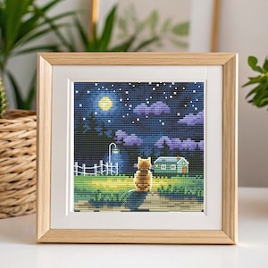 Cat Cross Stitch Full Moon pattern pdf - Moon Night cross stitch lonely cat embroidery night fantasy needlepoint moon cat meditation chart