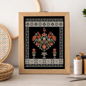 Firebird sampler cross stitch blackwork pattern pdf - Victorian ornament cross stitch bouquet vase embroidery floral cross stitch ornament