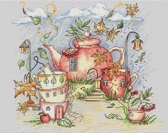 Fairy House cross stitch tea pattern pdf - Tea fairy tale cross stitch mouse house embroidery mice cross stitch whimsical tea mood