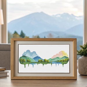 Mountain Cross Stitch Blackwork pattern pdf - Highland Cross Stitch monochrome embroidery watercolor mountains minimalist needlework chart