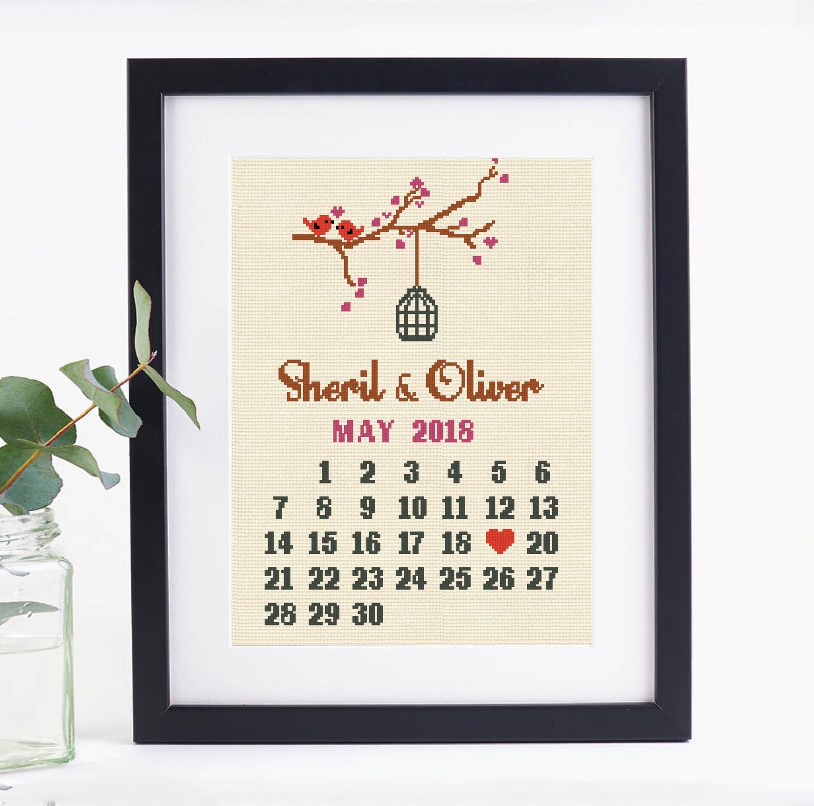 Wedding Cross Stitch Calendar Pattern Love Birds Cross Etsy