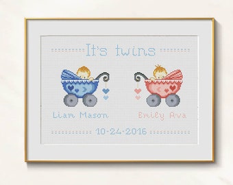 Twins cross stitch birth sampler pdf - new baby announcement birth record hand embroidery twin needlepoint dmc chart baby twins birth record