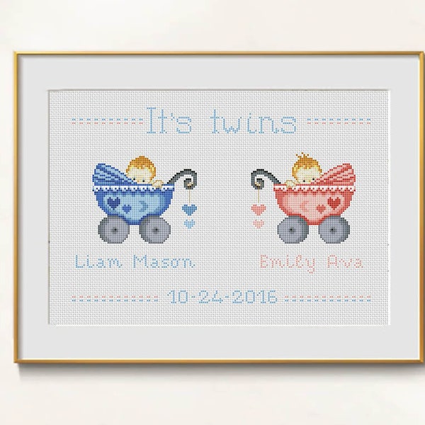 Twins cross stitch birth sampler pdf - new baby announcement birth record hand embroidery twin needlepoint dmc chart baby twins birth record