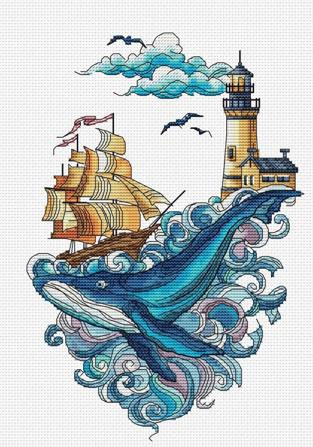Blue Whale Cross Stitch Sea Pattern Pdf - Sea Ship Cross Stitch ...