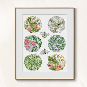 Berries cross stitch plants pattern pdf - Strawberry cross stitch botanical embroidery raspberry cross stitch bees blueberry mini pattern