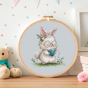 Rolig kanin korsstygn påskmönster PDF babykanin enkelt barnrumsbroderi blackwork DMC-mönster digital nedladdning