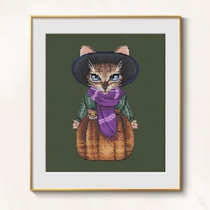 Victorian Cat Cross Stitch Funny Pattern pdf - Lady Cat embroidery Ms cat cross stitch dresses cat woman needlepoint cats lover gift chart