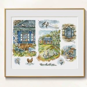 Village Cross Stitch rustic pattern pdf - Cottagecore cross stitch rural art embroidery needlepoint village scene cross stitch pastoral dmc