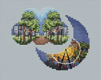 City cross stitch urban pattern pdf - Day and Night cross stitch urban fantasy embroidery minimalist needlepoint moonlight city blackwork