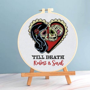 Goth wedding cross stitch sugar skull pattern - skull wedding embroidery Mexican cross stitch till death skull Mr and Mrs skeleton sampler
