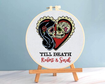 Padrão de ponto cruz gótico com caveira mexicana e nomes PERSONALIZADOS para casamento.