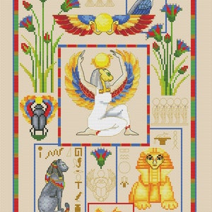 Egypt cross stitch sampler pattern pdf - Sun Goddess cross stitch Egyptian cats cross stitch embroidery black cat cross stitch Ancient Egypt