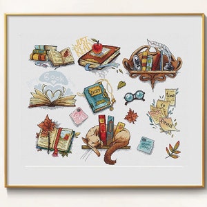 May include: A framed cross-stitch depicting book-related illustrations. It features stacks of books, open books, a cat resting on a shelf with books, and the text "Just Read" and "Time to Read". The color scheme includes browns, oranges, and blues.