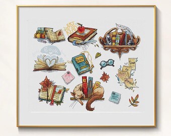 Books Cross stitch reading pattern pdf - Bookshelf cross stitch reader embroidery inspiration cross stitch  books reading world dmc chart