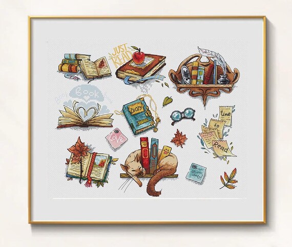 Books Cross stitch reading pattern pdf - Bookshelf cross stitch reader embroidery inspiration cross stitch  books reading world dmc chart