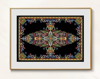 May include: A framed, cross-stitched textile with a black background. The design features a central floral motif and ornate borders in shades of red, blue, green, yellow, and orange. The frame is gold.