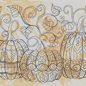 May include: A cross-stitch design showing three pumpkins with detailed geometric patterns. The pumpkins are orange and tan, with black outlines and vines with leaves. The background has a speckled pattern in shades of orange and tan.