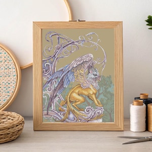 Griffin cross stitch gothic pattern pdf - Gryphon embroidery sphynx cross stitch Simurghneedlepoint gothic fantasy creature dmc cross stitch