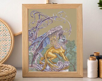 Griffin cross stitch gothic pattern pdf - Gryphon embroidery sphynx cross stitch Simurghneedlepoint gothic fantasy creature dmc cross stitch