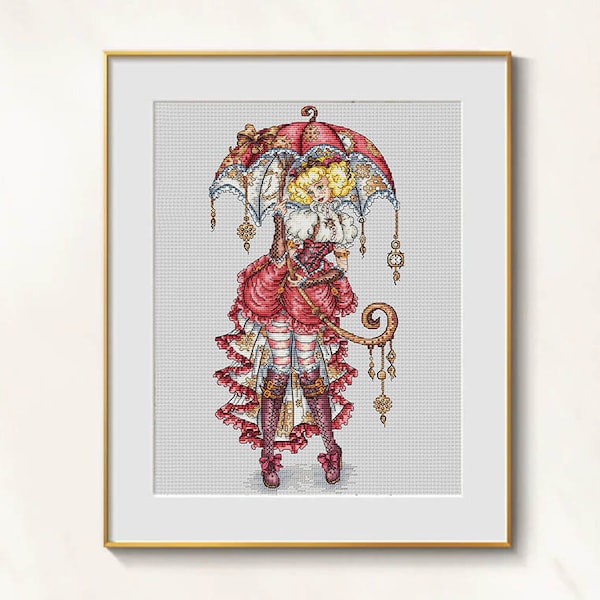 Steampunk Fairy cross stitch umbrella pattern pdf - Masquerade cross stitch steampunk embroidery venetian mask cross stitch blackwork chart