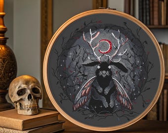 Jackalope cross stitch gothic pattern pdf - North American folklore cross stitch jackrabbit embroidery mythical cross stitch dmc folk art