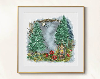 Forest moon cross stitch woodland pattern pdf - fairy tale cross stitch full moon embroidery forest night cross stitch fir tree needlepoint