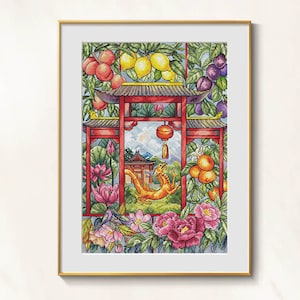 Dragon cross stitch Chinese Art pattern pdf - Oriental fantasy cross stitch pagoda embroidery Japanese Dragon needlepoint asian dmc sampler